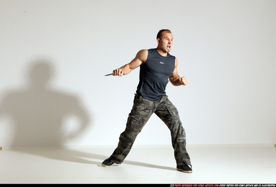 Man Adult Athletic White Fighting with knife Moving poses Army