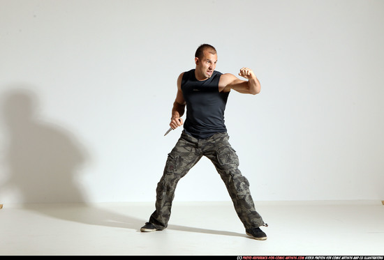 Man Adult Athletic White Fighting with knife Moving poses Army