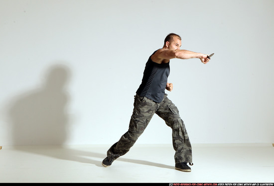 Man Adult Athletic White Fighting with knife Moving poses Army