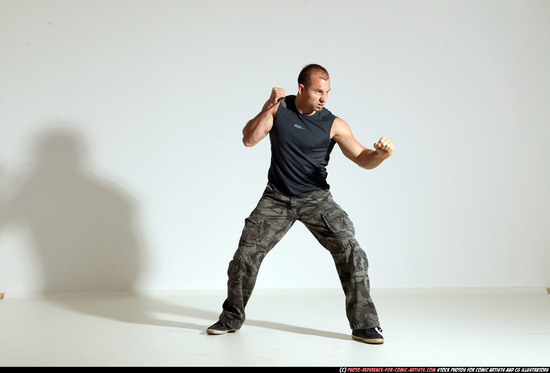 Man Adult Athletic White Fighting with knife Moving poses Army