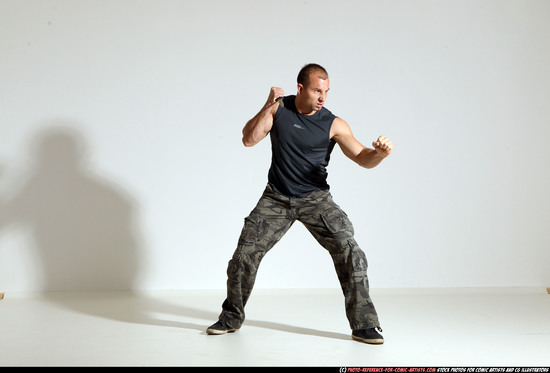 Man Adult Athletic White Fighting with knife Moving poses Army