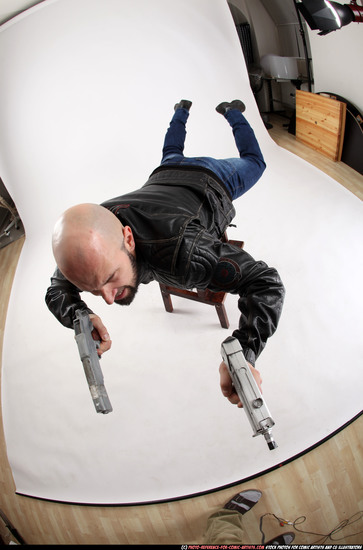 Man Adult Athletic White Fighting with gun Laying poses Casual