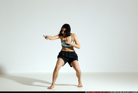 Woman Young Athletic White Fighting with knife Moving poses Casual