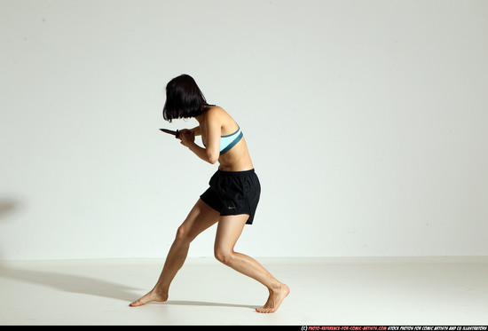 Woman Young Athletic White Fighting with knife Moving poses Casual