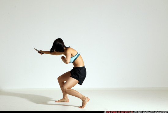 Woman Young Athletic White Fighting with knife Moving poses Casual