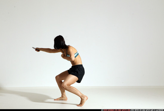 Woman Young Athletic White Fighting with knife Moving poses Casual