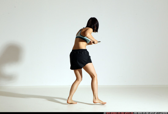 Woman Young Athletic White Fighting with knife Moving poses Casual