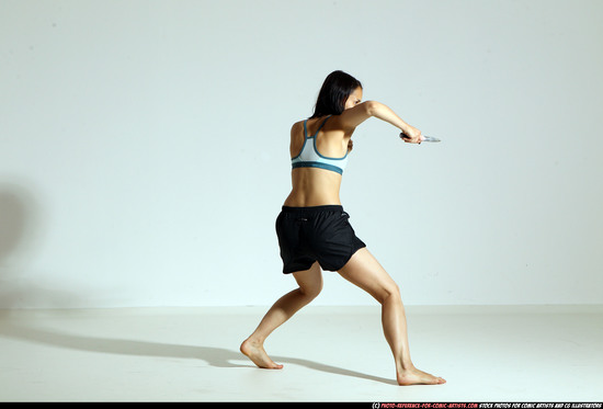 Woman Young Athletic White Fighting with knife Moving poses Casual