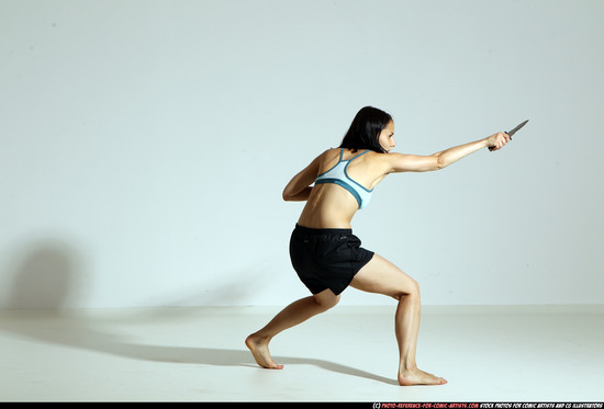 Woman Young Athletic White Fighting with knife Moving poses Casual