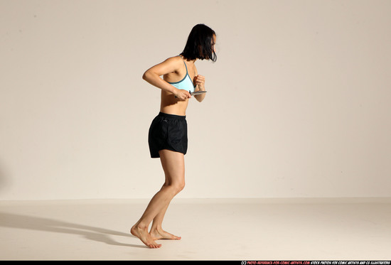 Woman Young Athletic White Fighting with knife Moving poses Casual