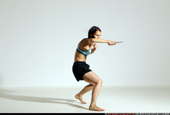 Woman Young Athletic White Fighting with knife Moving poses Casual