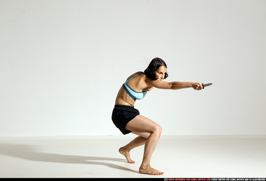 Woman Young Athletic White Fighting with knife Moving poses Casual