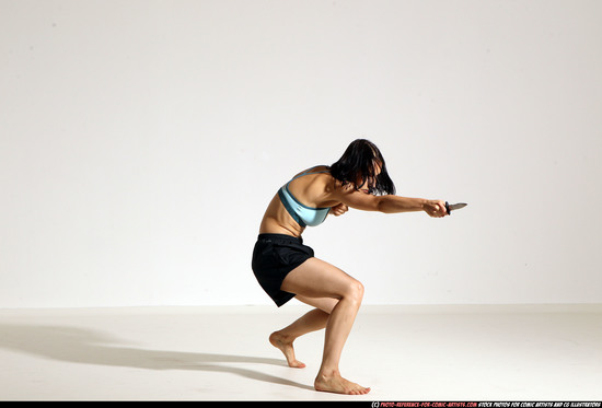 Woman Young Athletic White Fighting with knife Moving poses Casual