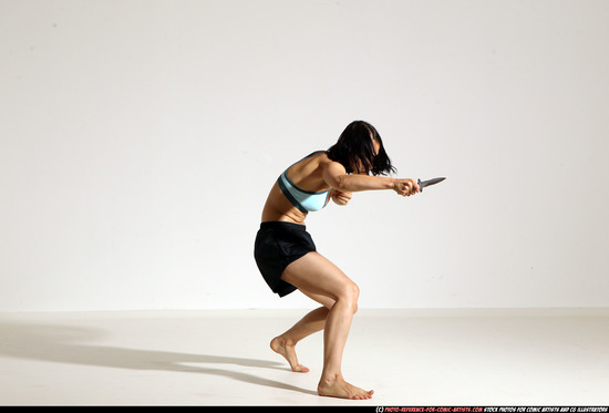 Woman Young Athletic White Fighting with knife Moving poses Casual