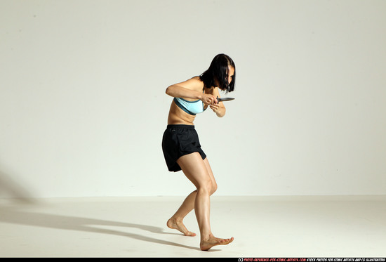 Woman Young Athletic White Fighting with knife Moving poses Casual