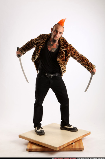 Man Adult Athletic White Fighting with sword Standing poses Coat