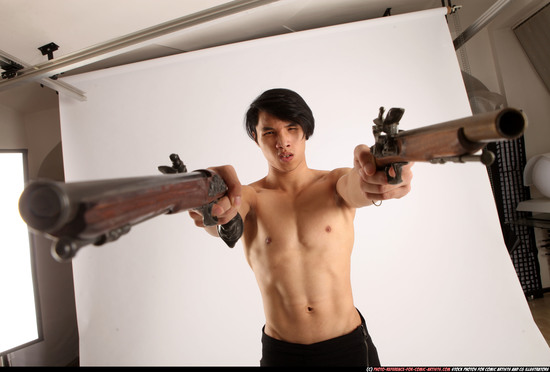 Man Young Athletic Fighting with gun Standing poses Pants Asian