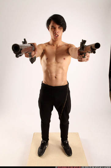 Man Young Athletic Fighting with gun Standing poses Pants Asian