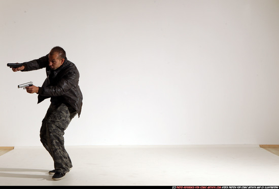 Man Adult Athletic White Fighting with gun Moving poses Jacket