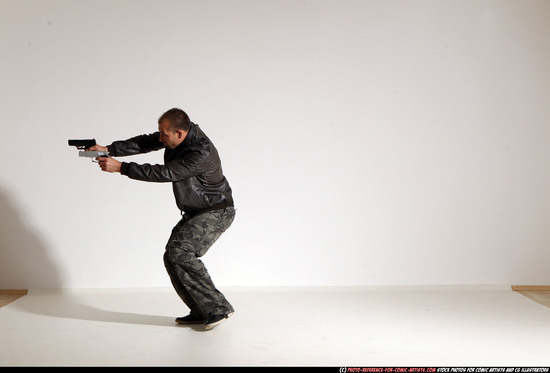 Man Adult Athletic White Fighting with gun Moving poses Jacket