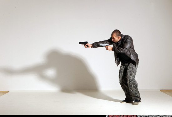 Man Adult Athletic White Fighting with gun Moving poses Jacket