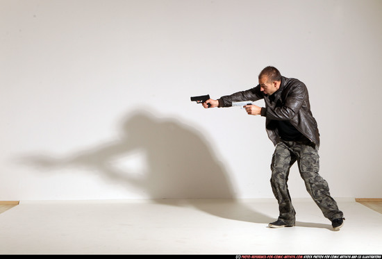 Man Adult Athletic White Fighting with gun Moving poses Jacket