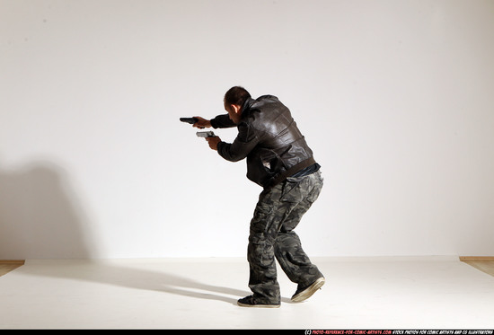 Man Adult Athletic White Fighting with gun Moving poses Jacket