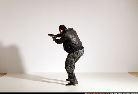 Man Adult Athletic White Fighting with gun Moving poses Jacket