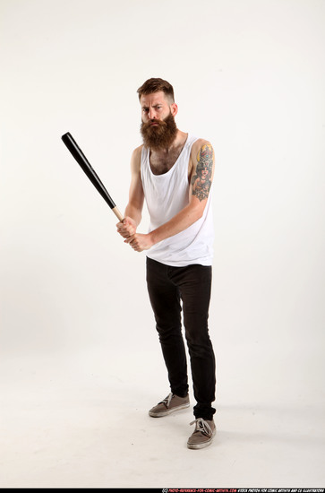 Man Adult Athletic White Standing poses Casual Fighting with bat