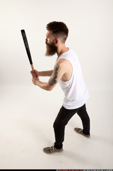 Man Adult Athletic White Standing poses Casual Fighting with bat