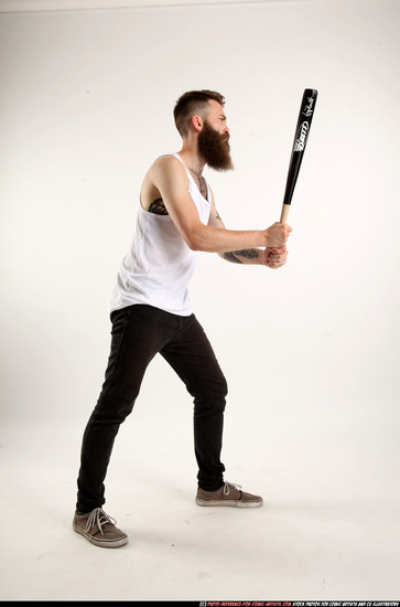 Man Adult Athletic White Standing poses Casual Fighting with bat