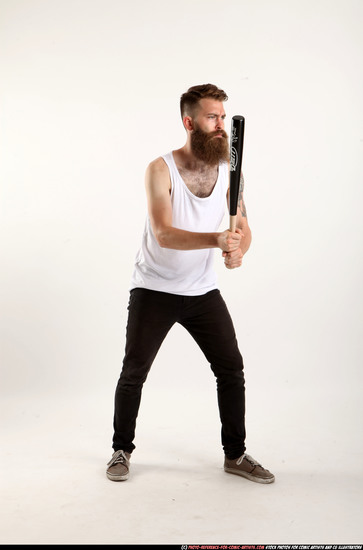 Man Adult Athletic White Standing poses Casual Fighting with bat