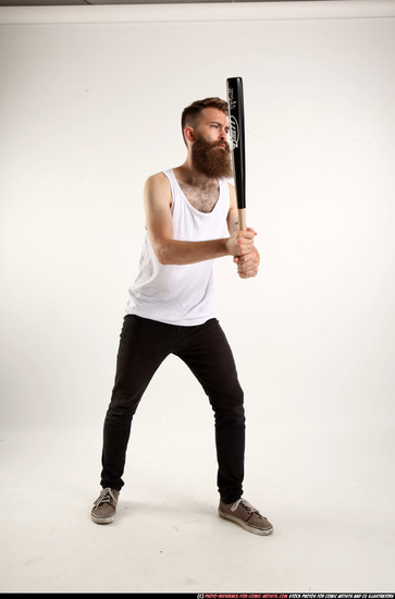 Man Adult Athletic White Standing poses Casual Fighting with bat