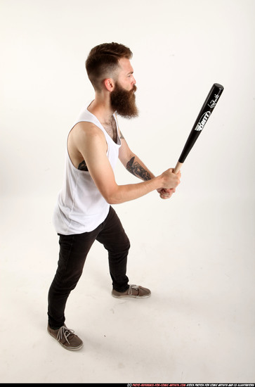 Man Adult Athletic White Standing poses Casual Fighting with bat