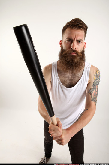 Man Adult Athletic White Standing poses Casual Fighting with bat