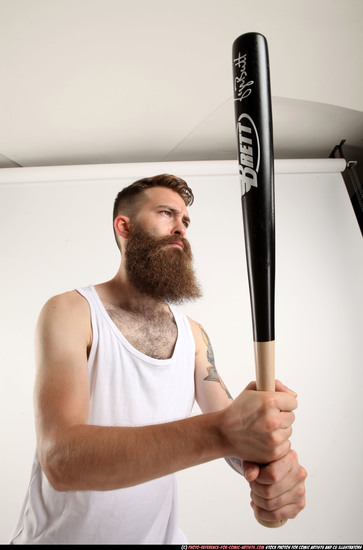 Man Adult Athletic White Standing poses Casual Fighting with bat