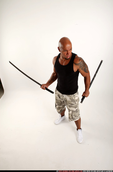 Man Adult Athletic Black Fighting with sword Standing poses Army