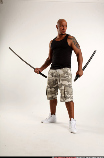 Man Adult Athletic Black Fighting with sword Standing poses Army