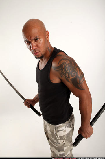 Man Adult Athletic Black Fighting with sword Standing poses Army