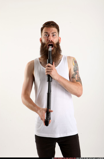 Man Adult Athletic White Standing poses Casual Fighting with shotgun