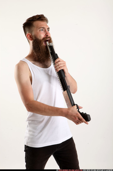 Man Adult Athletic White Standing poses Casual Fighting with shotgun