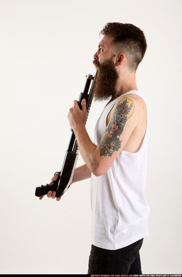 Man Adult Athletic White Standing poses Casual Fighting with shotgun