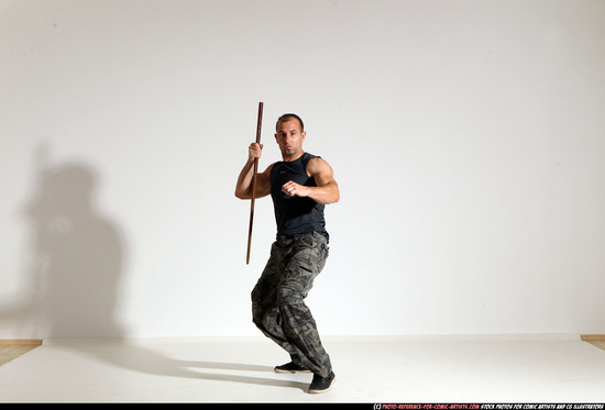 Man Adult Athletic White Fighting with sword Moving poses Casual