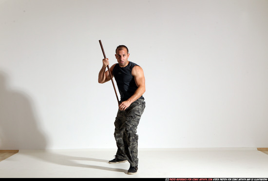 Man Adult Athletic White Fighting with sword Moving poses Casual