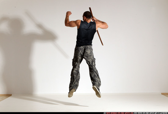 Man Adult Athletic White Fighting with sword Moving poses Casual