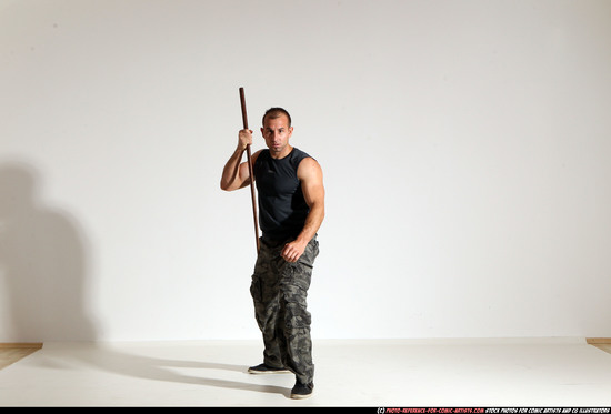 Man Adult Athletic White Fighting with sword Moving poses Casual