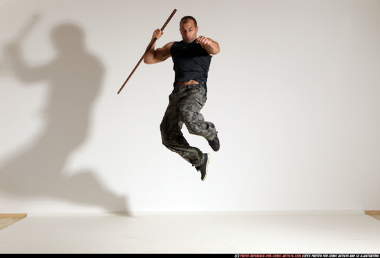 Man Adult Athletic White Fighting with sword Moving poses Casual