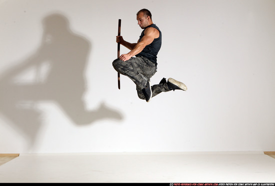 Man Adult Athletic White Fighting with sword Moving poses Casual