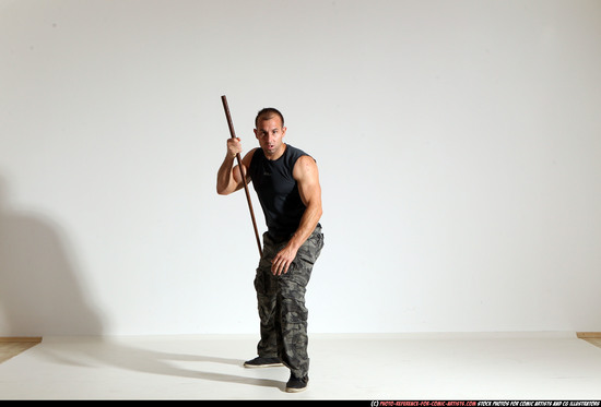 Man Adult Athletic White Fighting with sword Moving poses Casual