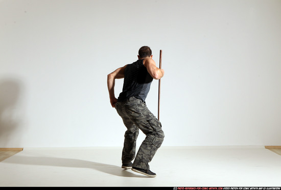 Man Adult Athletic White Fighting with sword Moving poses Casual